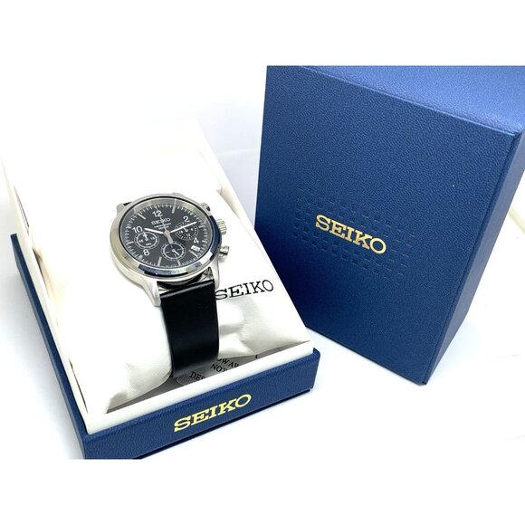 Seiko Men's Watch SSB007 Quartz Chronograph Black Dial Leather Strap 40mm - Picture 3 of 14